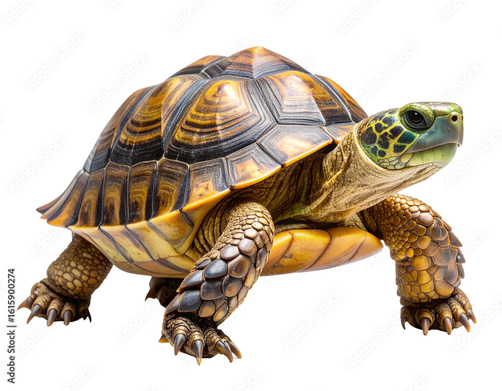 Poster colorful turtle with distinct shell pattern on white background
