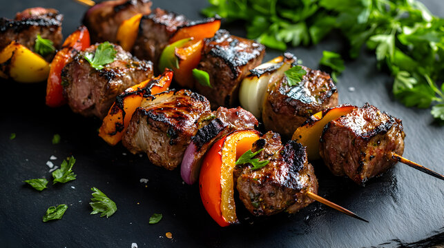 Delicious Grilled Beef and Vegetable Skewers on a Dark Background