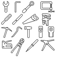 Obraz premium Line Style Tool Icons. Line style icons of hand tools: spanner, hex key, socket wrench, clamp, rasp, file, handsaw, pipe wrench,