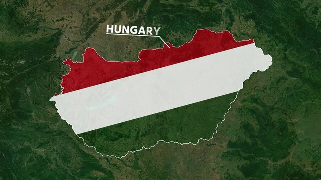 Zoom from Earth to Hungary. (Country Flag) World map animation with highlighted country borders. Satellite 3d world map animation highlights aerial views, tourism, and travel. 4k