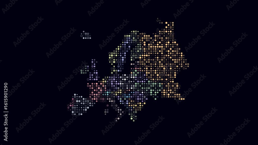 Poster europe dotted animation. shape of the continent build of pulsating colored dots. small size circle b