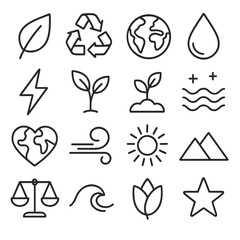 Environmental Icon Set. Line style icons of environmental symbols: green leaf, recycle arrows, eco globe, water drop, energy flash