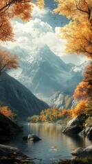 Lake and Mountain Landscape in Autumn Scenery