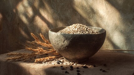 Obraz premium Organic Grains in Clay Bowl, Sunlit Still Life.