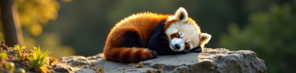 Fototapeta premium Sleepy panda curled on a rugged rock, sunlight warming fur , fauna, nap