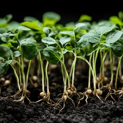 Sprouts of soybean seedling with roots and green leaves in soil