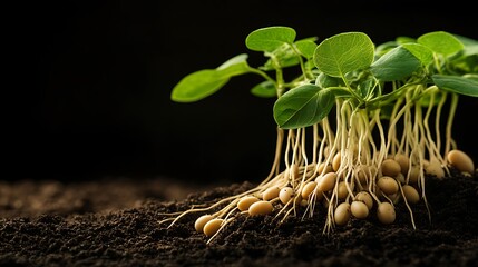 Sprouts of soybean seedling with roots and green leaves in soil