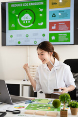 Businesswoman in video conferenc presenting on Save the Earth. ESG concept. Sustainable ecology and...