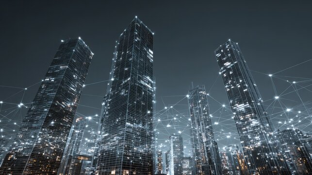 Modern city skyscrapers with glowing network connections and digital technology.