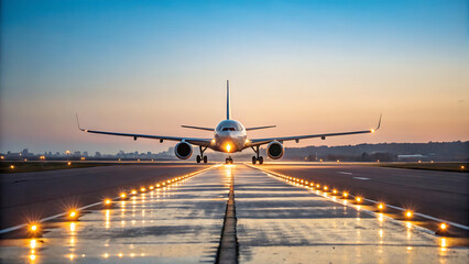 Airplane On Runway At Sunset, Preparing For Takeoff Or Landing.  A Modern Passenger Jet On The...