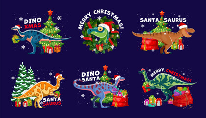 Christmas dinosaur greetings. Cartoon dino animals celebrate Xmas and New Year with Santa hats, gifts and decorated pine trees. Prehistoric reptiles enjoy festivities, playful greetings and cheers © Vector Tradition