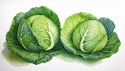 Fototapeta premium a detailed watercolor painting depicts two vibrant green savoy cabbages with intricately layered leaves against a plain white background