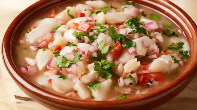 Close up of fresh ceviche in a brown bowl, featuring white fish, red onions, tomatoes, and green cilantro on a light wood surface, vibrant colors and appetizing presentation.