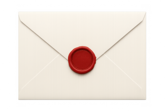 White envelope securely sealed with crimson wax, symbolizing confidential communication against translucent backdrop