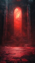 Arched Doorway with Steps in Dark Mysterious Setting Lit in Red