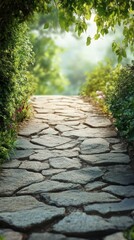 Walking Along Stone Path in Garden with Sunlight and Greenery