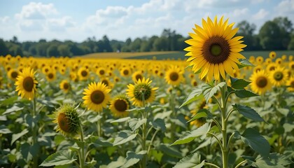 Fototapeta premium Sunflower Field with Yellow Flowers and Green Leaves
