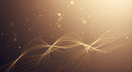 Elegant golden light waves and shimmering bokeh particles on a dark, radiant background.