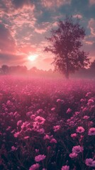 Pink Flower Field at Sunrise with Mist and Tree Silhouette