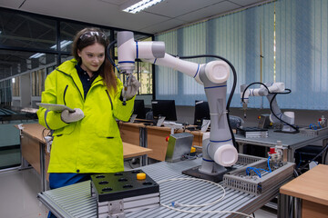 Engineer performs programming tasks with a robotic arm in a modern technology lab during daylight...