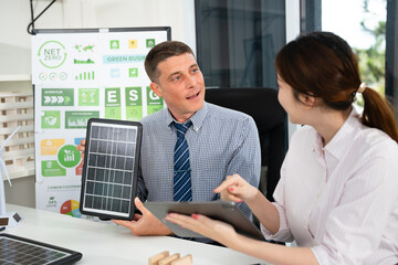 Businessman talks ESG environmental social governance policy for modish business.
