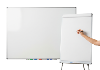 Empty whiteboard (magnetic board) isolated on white. Writes with a marker on a white paper on flip chart. Business, education and office concept.