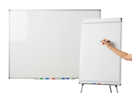 Empty whiteboard (magnetic board) isolated on white. Writes with a marker on a white paper on flip chart. Business, education and office concept.