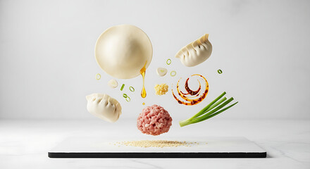 Floating dumplings, meat, and sauce ingredients; culinary artistry showcasing Asian cuisine preparation.