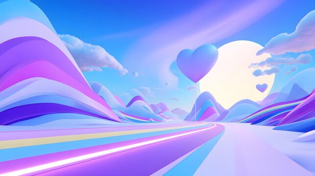A colorful, stylized landscape with a winding road and heart-shaped balloons.