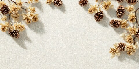Autumn nature flat lay with pine cones and dried flowers on textured beige background for seasonal design
