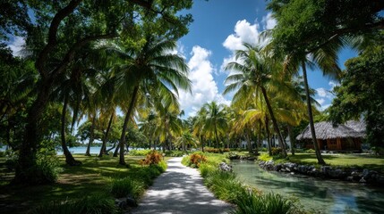 Fototapeta premium Tropical Paradise Resort Pathway with Palm Trees and Water