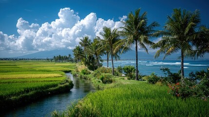 Obraz premium Lush Tropical Rice Field Landscape With Blue Sky