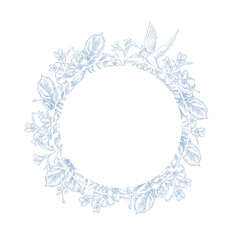 Vintage Toile de Jouy card with Blue flowers and Swallows.