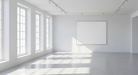 Fototapeta premium Sunlight streams into an empty white art gallery with blank canvas