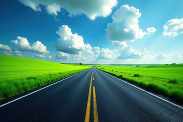 Fototapeta premium Asphalt road cuts through vibrant green fields under a dramatic blue sky , clouds, country road, peaceful