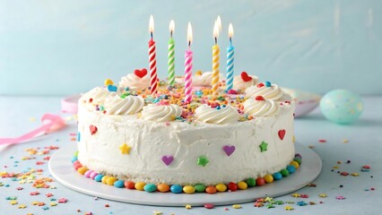 A frosted birthday cake adorned with colorful candles, sprinkles, and candies on a light blue background.