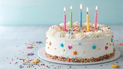 A white birthday cake with colorful candles and sprinkles, ready to be celebrated.