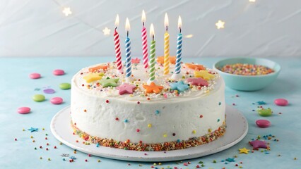 Festive birthday cake with colorful candles and star-shaped decorations.