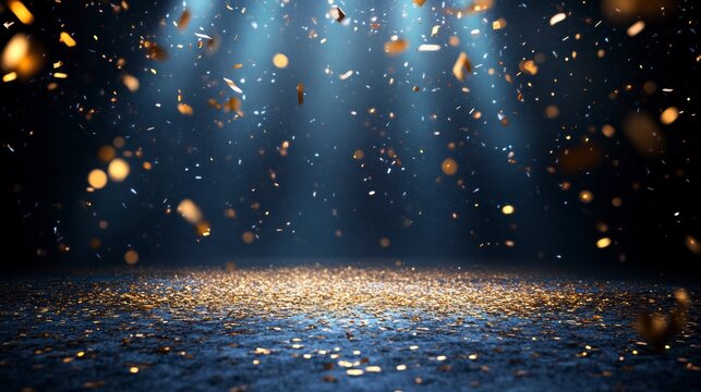 Golden confetti falling on dark blue background, illuminated by spotlights.