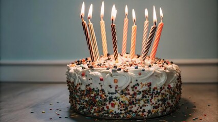 A birthday cake with lit candles, ready for celebration.