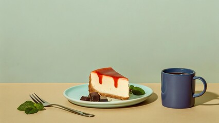 A slice of cheesecake with a berry topping, accompanied by dark chocolate and a cup of coffee, sits on a minimalist table setting.