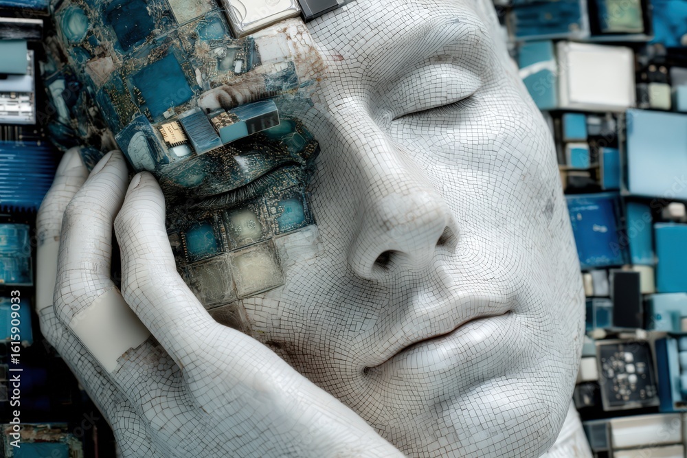 Poster ai-generated humanoid figure with technological elements on its face depicting the merger of humanit