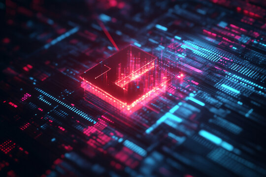 Futuristic digital chip glowing red and blue on circuit board technology data processing