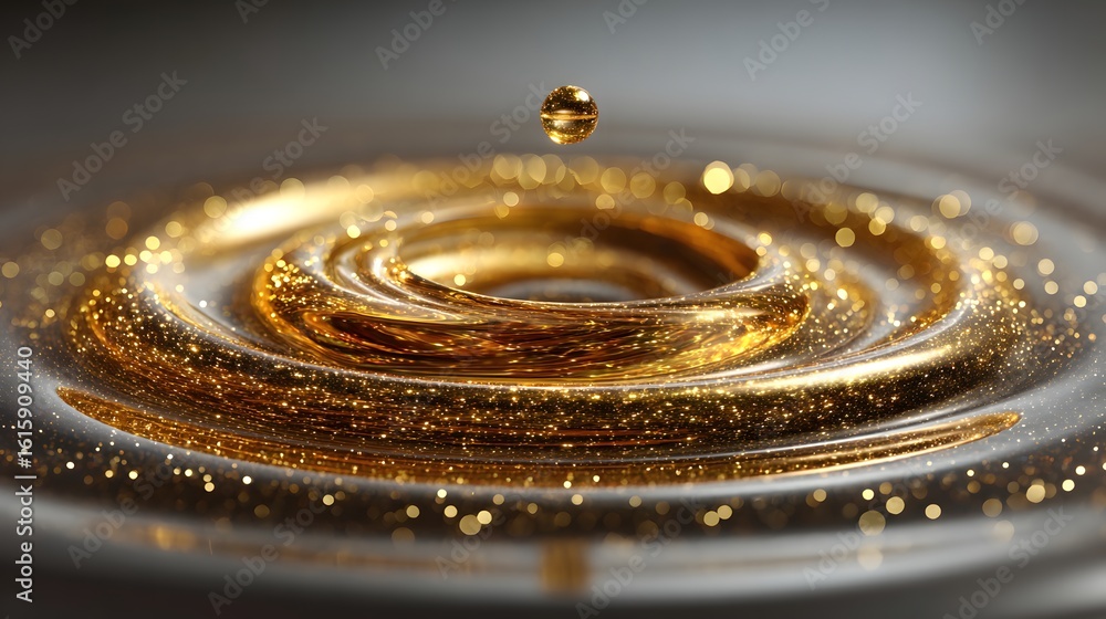 Poster golden liquid swirls in a circular pattern.