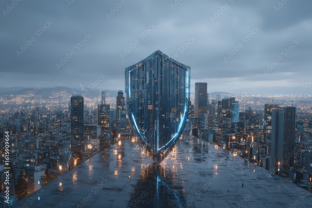 Poster futuristic cityscape at twilight showcasing a towering digital shield symbolizing cybersecurity inno
