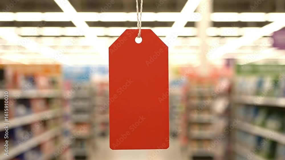 Aufkleber red tag hangs centered in focus blurred store aisles with lit ceiling in the background