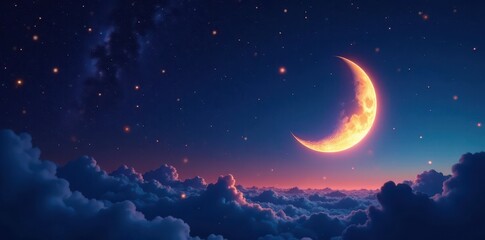 Crescent moon hangs low, vibrant stars scattered, glowing, shining