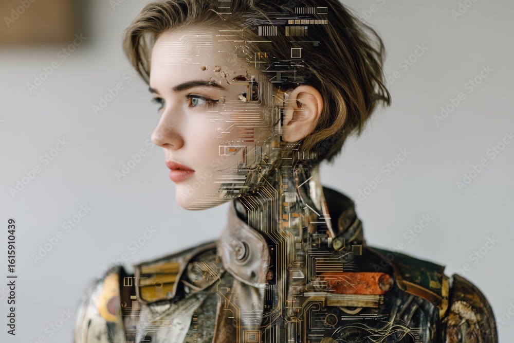 Poster exploring the fusion of humanity and technology in a portrait of a female android with integrated ci