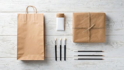 Fototapeta premium Flat lay of art supplies and gift wrapping on a wooden background