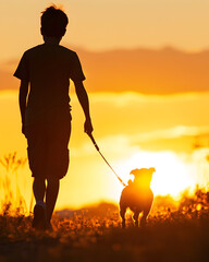 Silhouette of a person walking a dog at sunset.